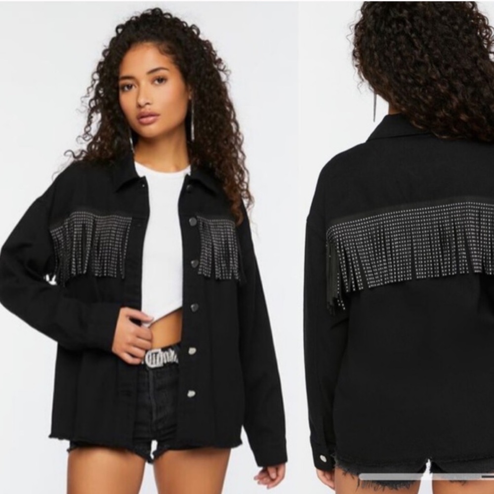 Forever 21 Black Studded Fringe Oversized Denim Western Trucker Jacket Small
